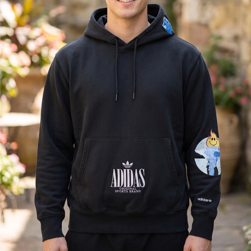 Adidas‎ Originals Sports Brand Black Graphic Hoodie Pullover Logo Sleeve Print